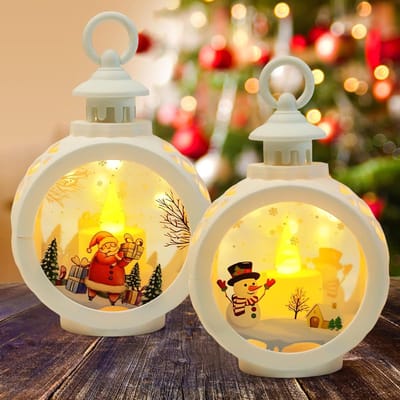 Set van 2 Sneeuwbol Lantaarns voor Kerstdecoratie, Vlamloze Kaarsen, Vintage Stijl voor Slaapkamer, Tuin en Haard