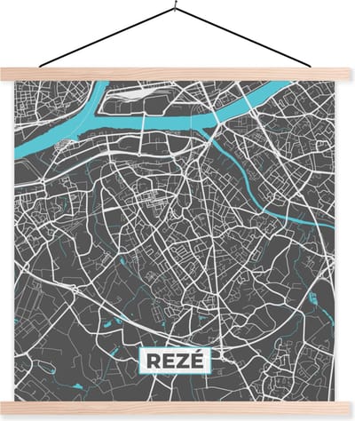 Posterhanger incl. Poster 40x40 cm - Schoolplaat - Rezé - Frankrijk - Stadskaart - Kaart - Plattegrond - Textielposter - Blanke latten - Stadskaart