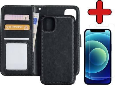 Hoesje - 2 in 1 - Geschikt voor Apple iPhone 12 - Met Screenprotector - En Uitneembare Hard Cover - Kunstleer - Bookcase - Wallet Case - Met Pasjeshouder - Book Case - Uitneembaar - Pashouder - Telefoonhoes - Zwart