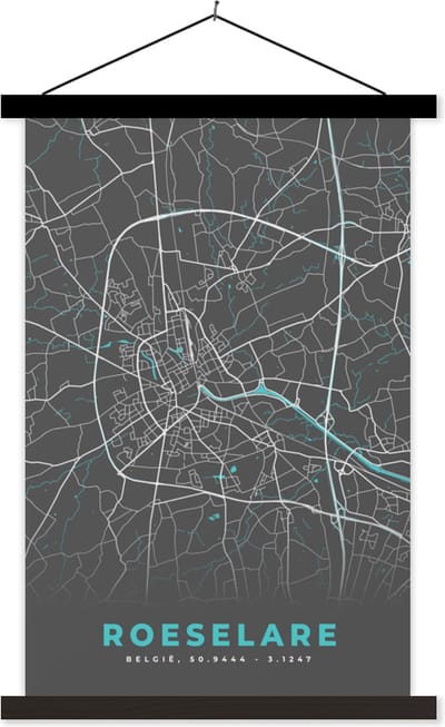 Posterhanger incl. Poster 40x60 cm - Schoolplaat - België – Roeselare – Stadskaart – Kaart – Blauw – Plattegrond - Textielposter - Zwarte latten - Stadskaart