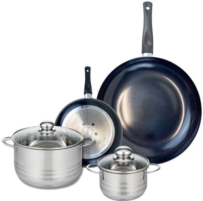 Set van 2 Koekenpannen 20 en 32 cm en 2 kookpotten 14 en 20 cm Elo Prima Glanzend