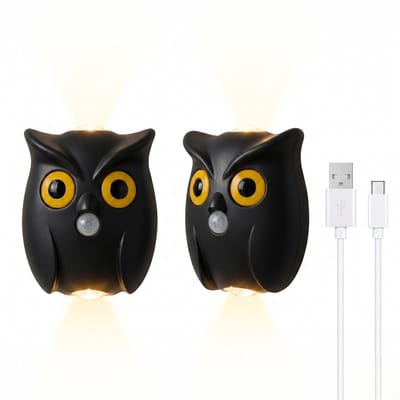 Uil Wandlamp met Sensor - Set van 2 - Type-C Oplaadbaar - 3 Kleurstanden - Magnetische Wandbevestiging - Dimbaar - Draadloze Sfeerlamp voor Gang & Slaapkamer - 9x7.8cm - Zwart