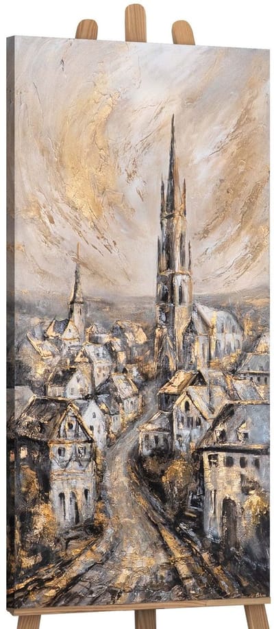 Canvas schilderij panoramisch 115x50 handgeschilderd oude kathedraal architectuur – YS-Art Gallery – Majestueuze wanddecoratie voor woonkamer – Modern schilderij voor hal