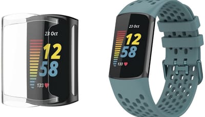 Strap-it Siliconen Smartwatch band + TPU Case (Transparant) - Geschikt voor Fitbit Charge 6 siliconen band met gaatjes - Grijsblauw - Strap-it Horlogeband / Polsband / Armband - Sportarmband - Silicoon