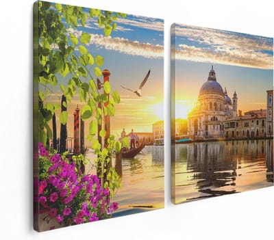 Artaza Canvas Schilderij Tweeluik Kanaal in Venetië met Bloemen - 120x80 - Foto Op Canvas - Canvas Print