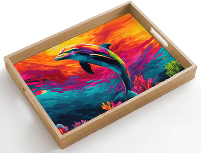 Dienblad hout 50x35 cm - Schootdienblad - Dolfijn - Kleurrijk - Oceaan - Koraal - Borrelplank rechthoek - Plateau dienbladen