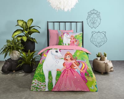 Good Morning dekbedovertrek eenhoorn en prinses - 1 persoons 140x200/220 cm - Multi - 100% Katoen renforc�