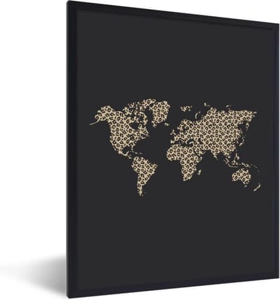 Poster in lijst - Fotolijst 30x40 cm - Posters - Wereldkaart - Panterprint - Design - Posterlijst zwart - Decoratie - Wanddecoratie woonkamer - Muurdecoratie slaapkamer