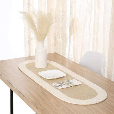 XO Tafelloper voor 4-zits | Handgemaakt geribbeld katoen | 30x91 cm | beige & gebroken wit | voor eet- en middentafel