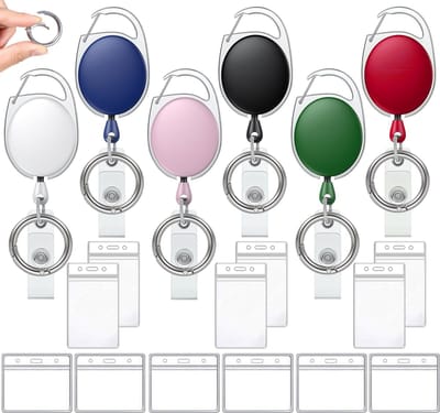 6x Uittrekbare Sleutelhangers, 12 Transparant Badgehouder & Karabijnhaken - Broekclip Pashouder/Kaarthouder - Trekkoord Skipashouder - Intrekbaar Skipas Sleutel Koord - Kecord ID Badge Houder Sleutelkoord - Clip Afrolmechanisme Rollerclip Keykoord