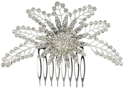 Haarsoires Haarspeld Sierkam Opsteekkam 11cm - Bloemvorm - Strass Steentjes Parel - Metaal - Zilver - Haarversierkam - Haar Versiering