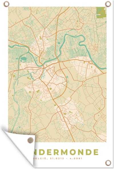Muurdecoratie Plattegrond - Kaart - Dendermonde - Vintage - Stadskaart - 120x180 cm - Tuinposter - Tuindoek