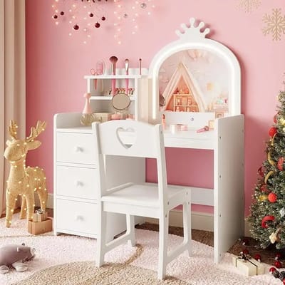 Norvia - Kinderkaptafel Met Spiegel En Verlichting - Make Up Tafel - Opbergplanken En Laden - 2 in 1 Meisjes Kaptafel - Wit