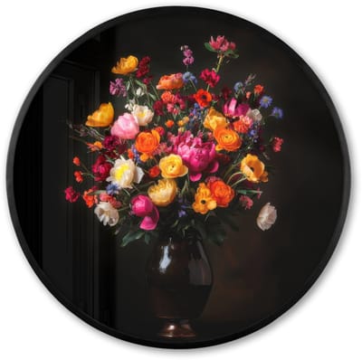 Poster in lijst Rond - Fotolijst 60x60 cm - Posters - Kleurrijk - Boeket - Vaas - Donkerbruin - Ronde posterlijst zwart - Decoratie - Wanddecoratie woonkamer - Muurdecoratie slaapkamer