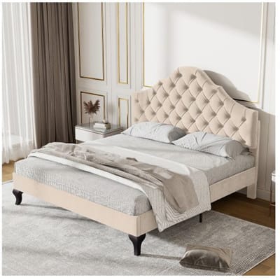 Tapijtbed - MUVOE - 140x190 cm - Beige fluweel - Verstelbaar hoofdbord - Lattenbodem beige