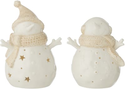 J-Line figuur Sneeuwpop - keramiek - wit/beige - small - 2 stuks - LED