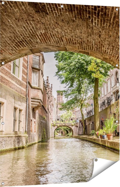 Gards Tuinposter Gracht in Utrecht onder de Brug - 90x120 cm - Tuindoek - Tuindecoratie - Wanddecoratie buiten - Tuinschilderij