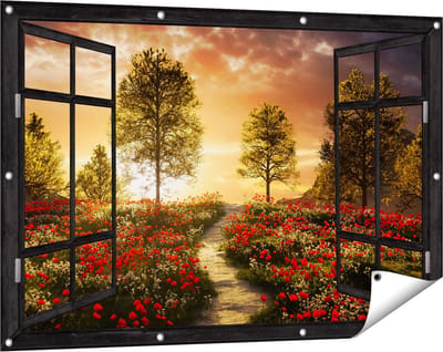 Gards Tuinposter Doorkijk Mooi Landschap met Rode Bloemen en Zonsondergang - 120x80 cm - Tuindoek - Tuindecoratie - Wanddecoratie buiten - Tuinschilderij