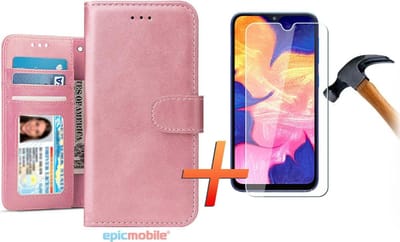 Hoesje geschikt voor Galaxy A11 Hoesje - Lederen Portemonnee Book Case met 1X Screenprotector - Tempered Glass - Rose goud - EPICMOBILE