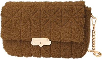 Handtas camel bruin teddy stof - schoudertas - afneembare gouden ketting