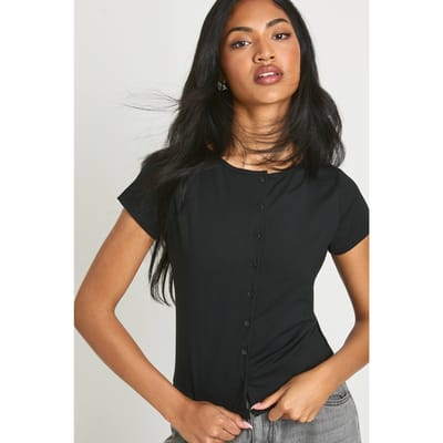 boohoo Dames Peached Sculpt Popper Door Kort Mouwen Top | Black | Maat: 6