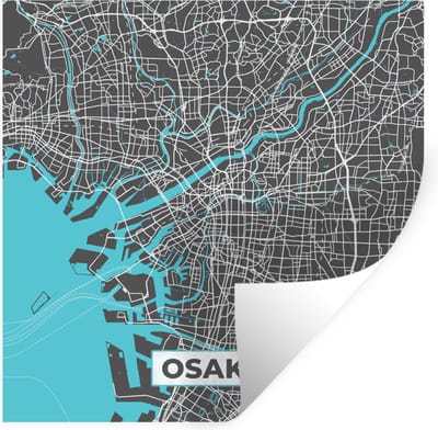 Muurstickers - Sticker Folie - Osaka - Blauw - Kaart - Plattegrond - Stadskaart - 100x100 cm - Plakfolie - Muurstickers Kinderkamer - Zelfklevend Behang XXL - Zelfklevend behangpapier - Stickerfolie