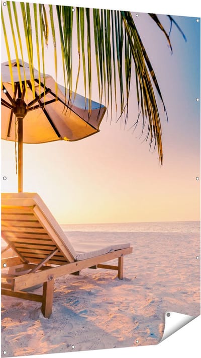 Gards Tuinposter Tropisch Strand tijdens Zonsondergang - 120x180 cm - Tuindoek - Tuindecoratie - Wanddecoratie buiten - Tuinschilderij