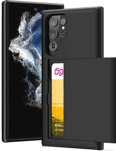 Hoesje met Pasjeshouder geschikt voor Samsung Galaxy S23 Ultra - Back Cover SlideCase Zwart