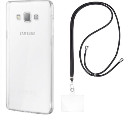 Set met hoesje en nekband voor Samsung Galaxy grand prime G530 - Flexibele, transparante TPU-bescherming, verstelbare universele nekband voor mobiele telefoons, zwarte nekband, transparante draagriem van Phonillico®