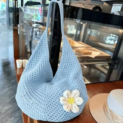 Dames zomer strandtas, beige gehaakte strandtas, opvouwbaar en lichtgewicht, bohemian stijl, geschikt voor vakantie, winkelen en dagelijks gebruik,lichtblauw