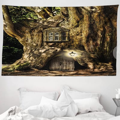 ABAKUHAUS Fantasy Wandtapijt en Sprei, Sprookjeshuis met Boom, 230 x 140 cm, Umberbruin