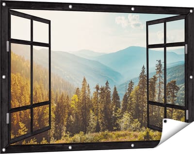 Gards Tuinposter Doorkijk Bos met Bomen in de Hoge Bergen - 120x80 cm - Tuindoek - Tuindecoratie - Wanddecoratie buiten - Tuinschilderij