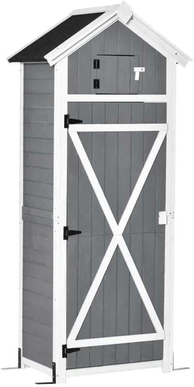 Houten Tuinschuur - Tuinhuis - Tuinkast - 78x52,5x182 cm - met Deur, Haken, Zadeldak en Opklapbare Tafel - Gereedschapsschuur - Opslagruimte Tuin - Tuingereedschap Bewaren - Weerbestendig- Grijs