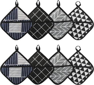 Set van 8 Hittebestendige Pannenlappen met Tas, 18 x 18 cm, Vierkante en Wasbare Keukenaccessoires voor Koken en Bakken, Zwart en Grijs