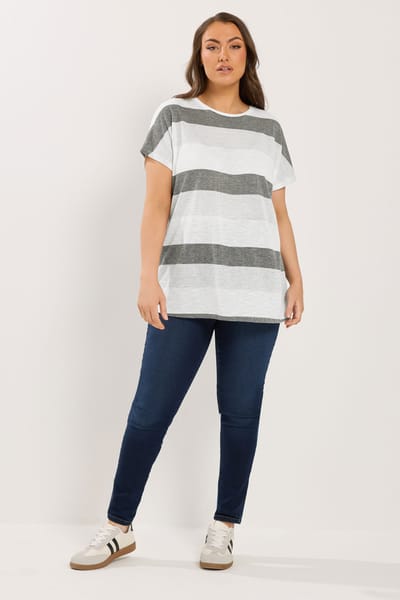 Yours Witte En Grijze Top Met Strepen En Glittereffect Size 48
