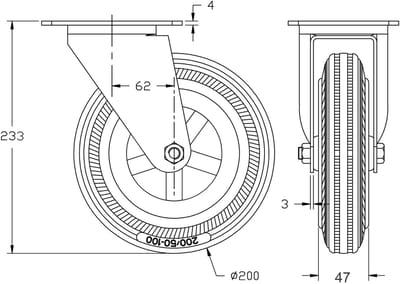 200 mm (8") zwenkwiel met grijze rubberen band, zeer stevig, draagvermogen 410 kg, set van 2