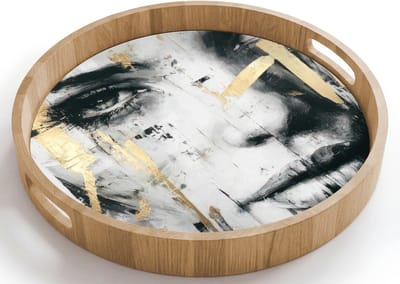 Dienblad rond 40x40 cm - Schootdienblad hout - Portret - Vrouw - Penseelstreken - Goud - Borrelplank rechthoek - Plateau houten dienbladen