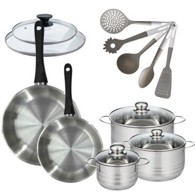 Set 2 pannen 24 28 cm met deksel, 3 kookpotten 16, 20 en 24 cm van roestvrij staal en 5 keukengerei Fackelmann Geneva