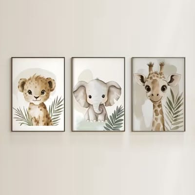 Set van 3 Canvas 'Baby Leeuw, Olifant & Giraffe' - Dieren Posters - 30x40cm - Babykamer - Kinderkamer - Wand Decoratie