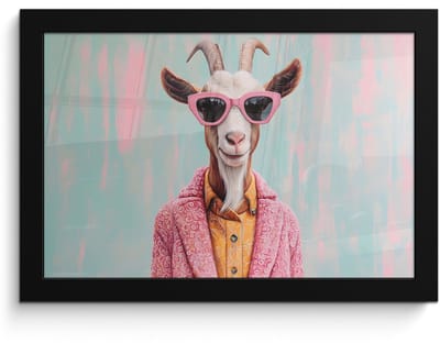 Poster in lijst - Fotolijst 30x20 cm - Posters - Zonnebril - Roze - Geit - Horen - Posterlijst zwart - Decoratie - Wanddecoratie woonkamer - Muurdecoratie slaapkamer