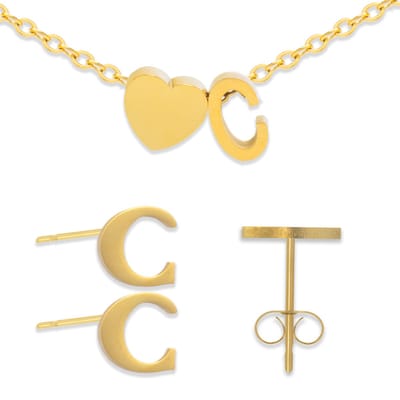 Initiaal Armband & Oorbellen set met Letter C Goudkleurig - Stainless Steel - Met letter & Hartje! - 2x Sieraden Cadeau - Pax Amare