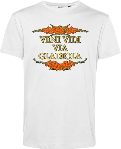T-shirt Veni Vidi Via Gladiola | Vierdaagse shirt | Wandelvierdaagse Nijmegen | Roze woensdag | Wit | maat XS