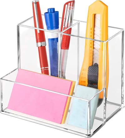 Pennenbakje - pennenhouder - 3 sleuven Bureaupotloodhouder - Pennenhouder voor op het bureau - penhouder van helder acryl voor op het bureau - penorganizer voor thuis - op kantoor - in de klas en in de badkamer（transparant）- 13x8.5x10cm