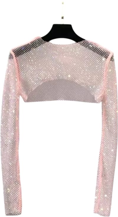 Glitter Mesh Top Dames – Strass Net Shirt, Transparante Lange Mouw Zomer Cover-Up, Glitter Top Dames Party & Festival Kleding met Pailletten - Roze