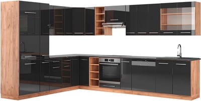 Vicco Hoekkeuken Fame-Line, Antraciet Hoogglans/Goudkleurig Eiken, 347 x 257 cm, WB Antraciet
