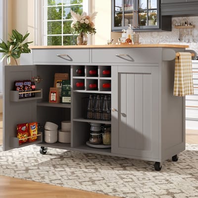 Modern keukeneiland (102×45×92cm), keukenkast, buffetkast, serveerwagen met houtnerf, buffetkast, multifunctionele eettafel met opbergruimte, grijs