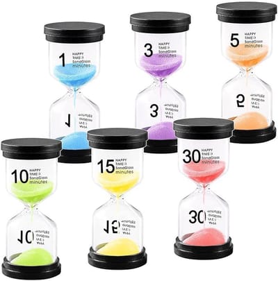6-stuks Zandloper - Zandlopertimer - Gekleurde zandlopertimer - Tijdmanagement - Schokbestendig borosilicaatglas - Timer voor 1/3/5/10/15/30 minuten - Geschikt voor spelletjes, tandenpoetsen, douchen, enz. - Veelkleurig