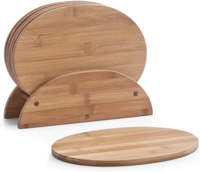 Famanu – 7-delige plankstandaard, ovaal, bamboe, snackplank, lunchplank, ontbijtplank met standaard, snijplank met standaard