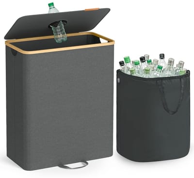 SONGMICS - Flessencontainer - 140L Recyclingbak met Deksel - Binnenzak - Voor Keuken