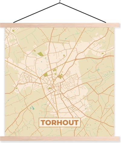 Posterhanger incl. Poster 40x40 cm - Schoolplaat - Torhout - Kaart - Stadskaart - Plattegrond - Vintage - Textielposter - Blanke latten - Stadskaart